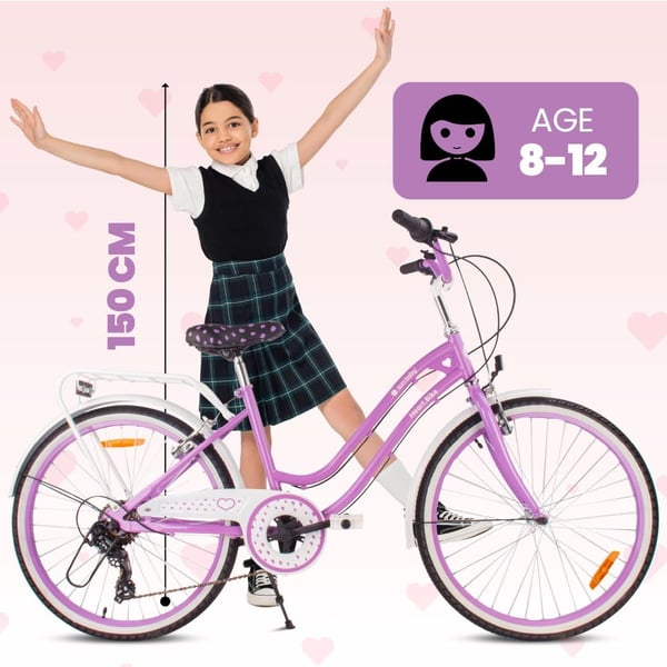 24-tuumainen kaupunkipyörä tytölle, ensikommuuniin, Shimano 7 vaihdetta, Heart Bike, Violetti
