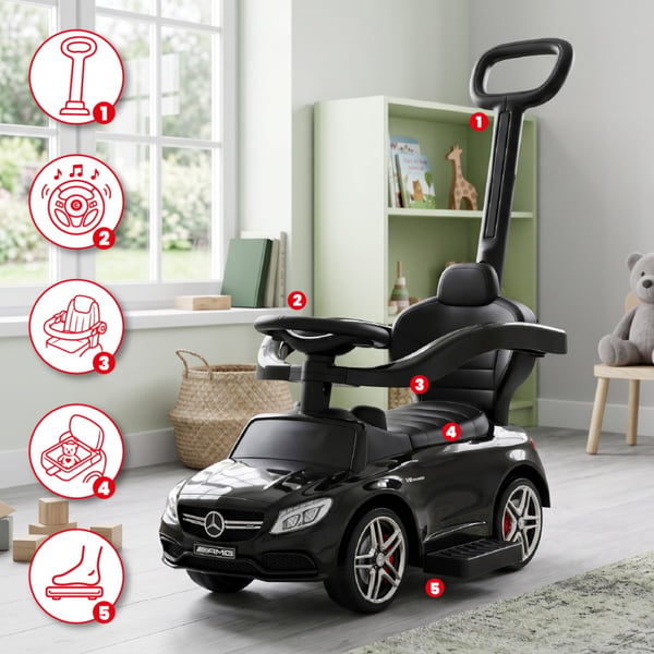 SUN BABY Gåbil för barn Mercedes C-Class från 1 år med skjutstång fotstöd ljudfunktion upp till 25 kg svart