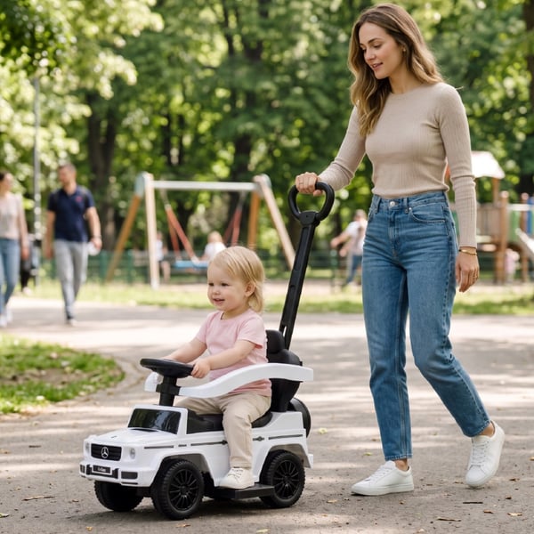 SUN BABY Gåbil til børn Mercedes-Benz Klasa G fra 1 år med skubbestang, opbevaring under sædet, lydfunktion, op til 25 kg hvid