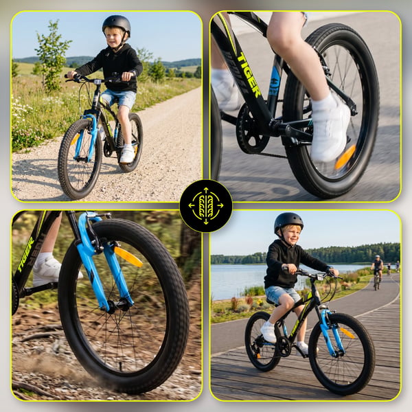 sun baby TIGER BIKE Barncykel 20 tum - 6 växlar Shimano - Justerbar sadel och styre, V-broms, Kedjeskydd - Svart Grön Blå