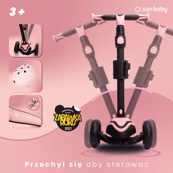 Sun Baby 3-in-1 kolmipyöräinen tasapainoskootteri LED, säädettävä ohjaustanko, max 50 kg, vaaleanpunainen