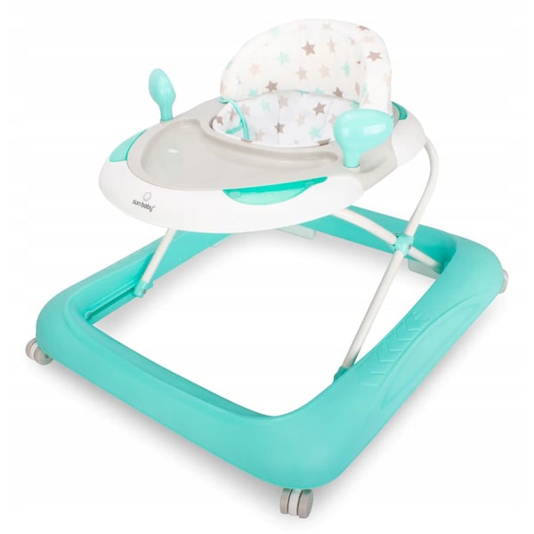SUN BABY Gåstol för barn 6-12 månader med mjuka 360° svängbara hjul och säkerhetsstopp, upp till 12 kg turkos