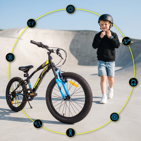 sun baby TIGER BIKE Barncykel 20 tum - 6 växlar Shimano - Justerbar sadel och styre, V-broms, Kedjeskydd - Svart Grön Blå