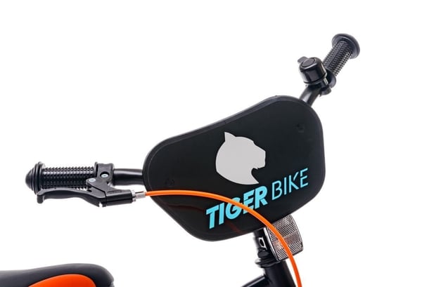 Børnecykel Tiger Bike 12" med skyvestang og støttehjul, V-bremse og fodbremse, sort-orange-turkis