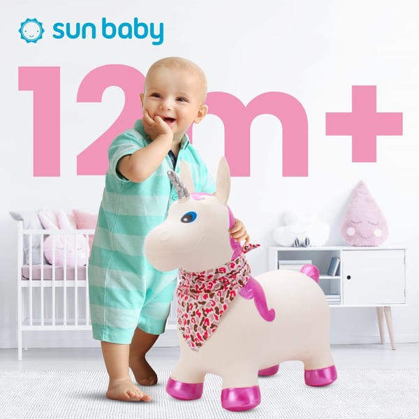 Sun Baby hoppedyret til børn Enhjørning perlemobilhvid + pumpe og bandana, 12m+, op til 45 kg