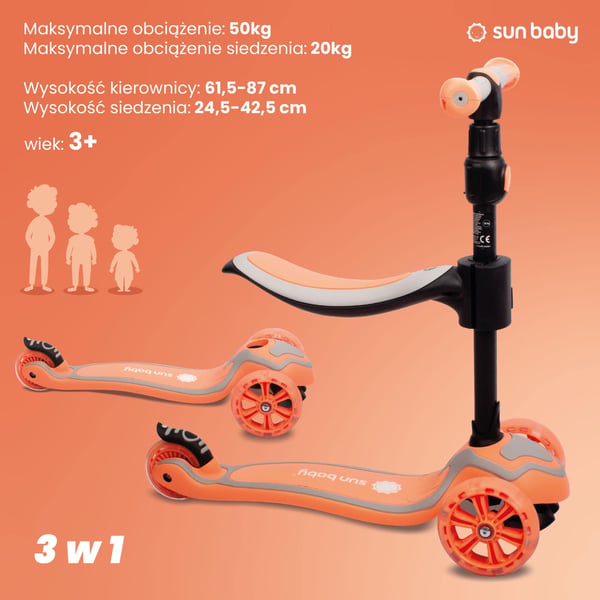 Flash 3in1 LED-tasapainoskootteri lapsille - sun baby hulajnoga trójkołowa balansowa 3w1