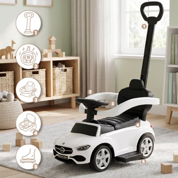 SUN BABY Gåbil til børn Mercedes C-Class fra 1 år med skubbestang, fodstøtte, lydfunktion, op til 23 kg hvid