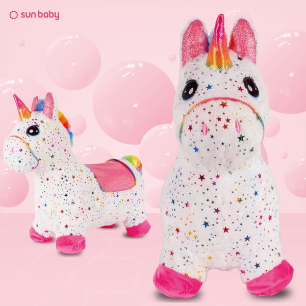 Sun Baby Pomppueläin pehmolelu Valkoinen yksisarvinen tähtikuviolla, 12 kk+, enintään 45 kg, pumppu mukana, irrotettava
