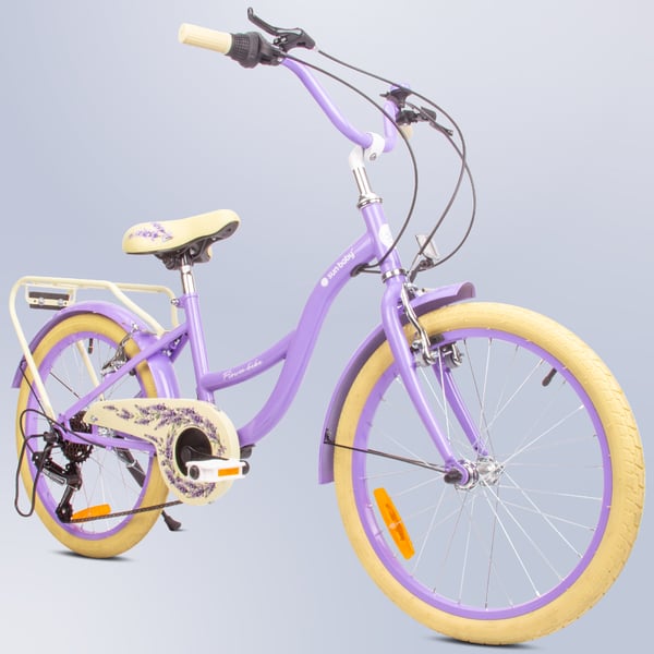 sun baby FLOWER BIKE Barncykel 20 tum - 6 växlar, V-bromsar, pakethållare, stänkskärmar, justerbar styre och sadel - Lavendel