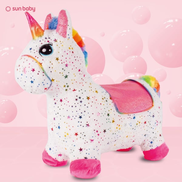 Sun Baby Pomppueläin pehmolelu Valkoinen yksisarvinen tähtikuviolla, 12 kk+, enintään 45 kg, pumppu mukana, irrotettava