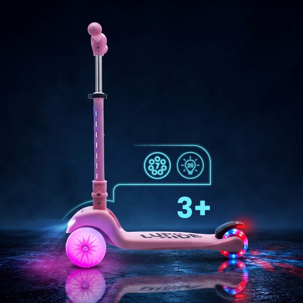 LUMI RIDE Trehjulet Balance Scooter, Sammenklappelig, Justerbar, LED Regnbuehjul med 7 Farver og 20 Programmer, Pink - Sun Baby