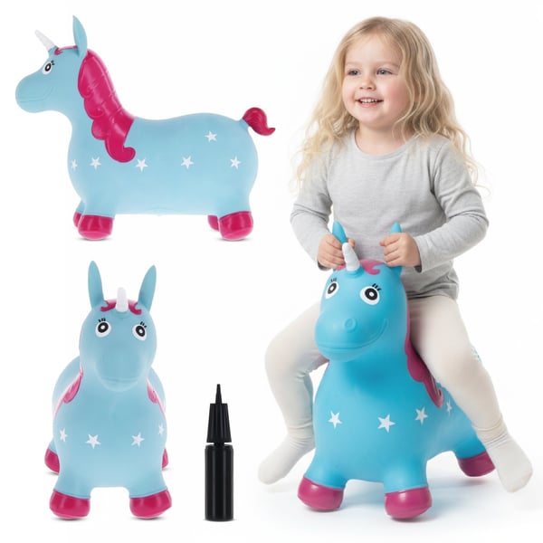 Sun Baby hoppebold til børn Enhjørning blå-lyserød + pumpe og bandana, 12m+, op til 45 kg