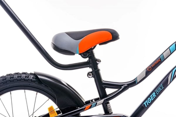 Pojan 16 tuuman Tiger Bike työntäjällä musta, oranssi ja turkoosi