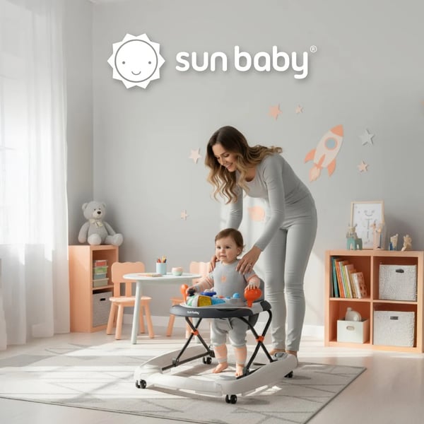 SUN BABY Gåstol för barn från 6 månader med mjuka 360° svängbara hjul och säkerhetsstopp, gungfunktion, upp till 12 kg grå