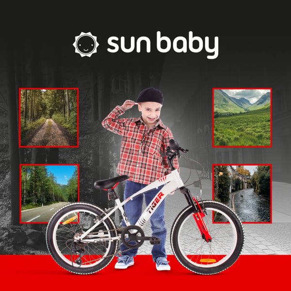 Lasten pyörä, 20 tuumaa, pojille, 6 vaihdetta Shimano, jousitus, leveät renkaat, Revoshift Tiger Bike  Sun Baby