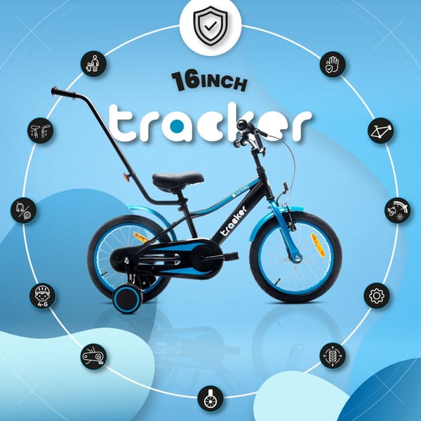 sun baby TRACKER BIKE Børnecykel 16 tommer - Justerbar sadel og styr, Klokke, Støttehjul - Blå Neon