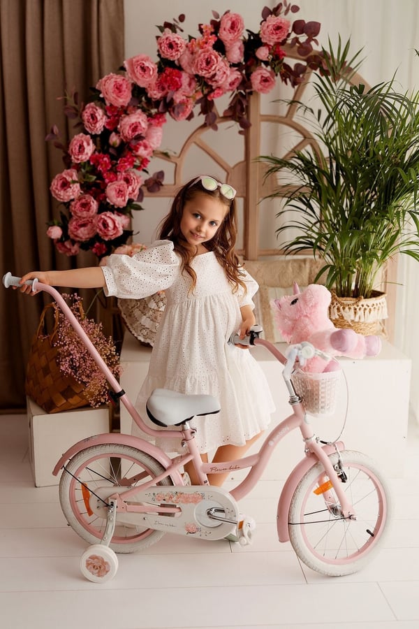 FLOWER BIKE Polkupyörä tytölle 16 tuumaa, työntötanko, sivupyörät, kori, aprikoosi
