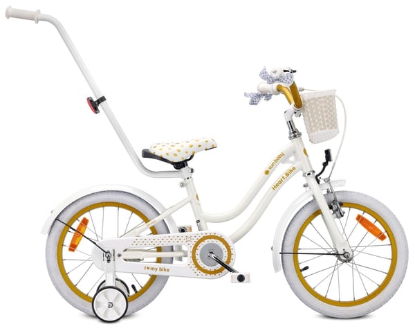 Heart Bike Flickcykel för en flicka 12 14 16 tum, Barncykel 2-6 år, Barncykel med stödhjul, pushbar, justerbar sadel och styre (Vitt Guld, 16 tum)