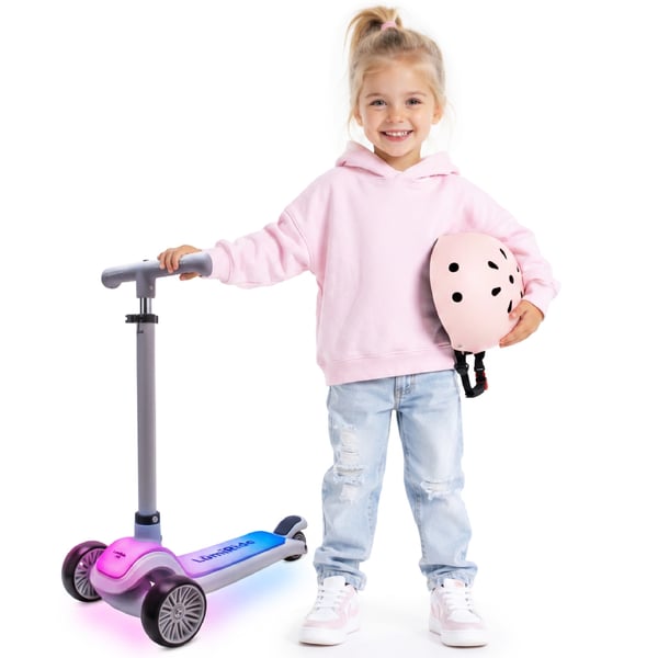 sun baby LUMI RIDE Sparkcykel Barn 3 hjul, trehjuling skoter 3+ Grå, Balans, LED, Hopfällbar, Justerbart Styre, Fotbroms, Halkfri Plattform, Avtagbart