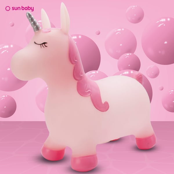 Sun Baby hoppdjur för barn Kelly, rosa med glittrande horn + pump (12m+, 45 kg)