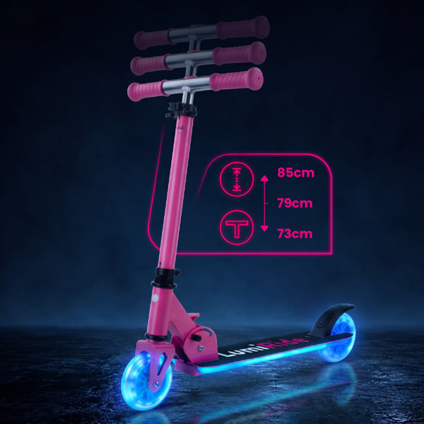 sun baby LUMI RIDE Sparkcykel Barn 2 hjul, trehjuling skoter från 3 år, LED - 7 färger, 20 program - 3 nivåer av styrhöjdsjustering, fotbroms, avtagba