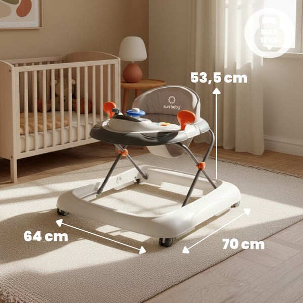 Sun Baby interaktiv gåstol 6-12 mån, 3-stegs justering, 360° gummihjul, stopp, grå