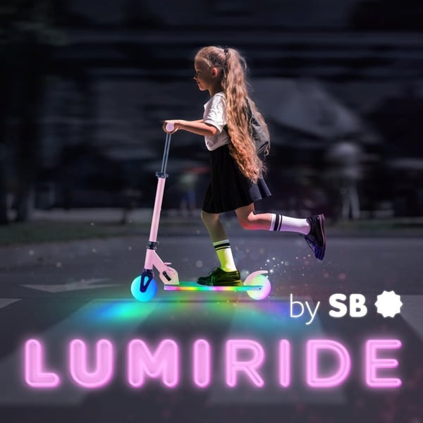 sun baby LUMI RIDE Sparkcykel Barn 2 hjul, trehjuling skoter från 3 år, LED - 7 färger, 20 program - 3 nivåer av styrhöjdsjustering, fotbroms, avtagba