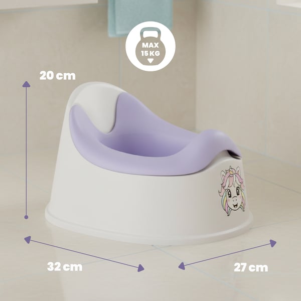 sun baby Potta lapsille 18–36 kuukautta, luistamattomat jalat, ergonominen selkänoja, enintään 15 kg (valkoinen-violetti + tarra yksisarvinen)