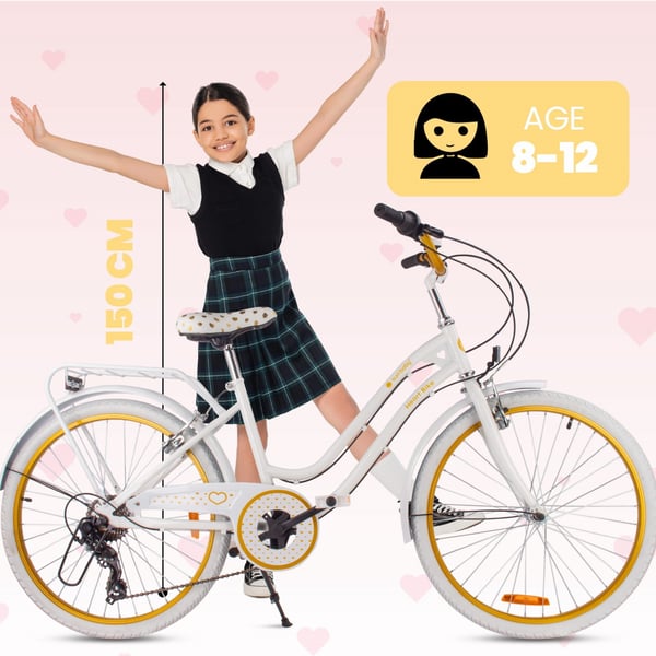 sun baby HEART BIKE Børnecykel 24 tommer - 7 gear Shimano -bagagebærer, metalskærme, V-bremse, kædeskærm - Hvid Guld