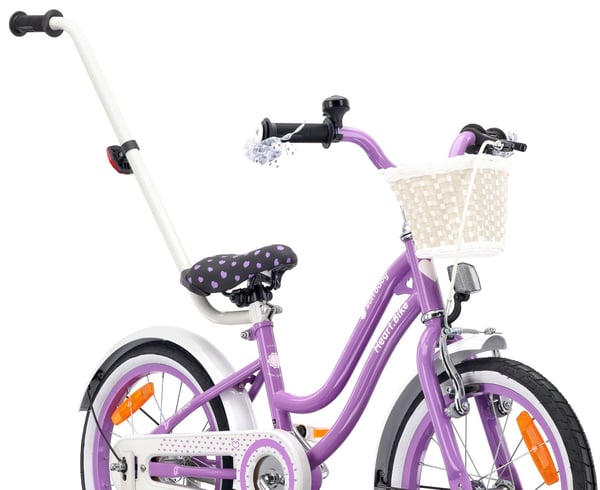Heart Bike Pigecykel 12 14 16 tommer, Børnecykel 2-6 år, Børnecykel med støttehjul, skubbestang, justerbar sadel og styr (Lilla, 16 tommer)
