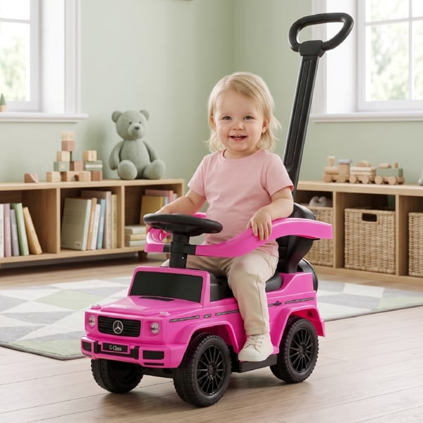 SUN BABY Gåbil til børn Mercedes-Benz G-Klasse fra 1 år med skubbestang lydfunktion op til 25 kg fuksja