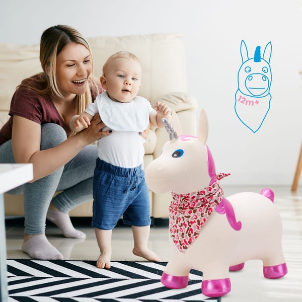 Sun Baby hoppedyret til børn Enhjørning perlemobilhvid + pumpe og bandana, 12m+, op til 45 kg