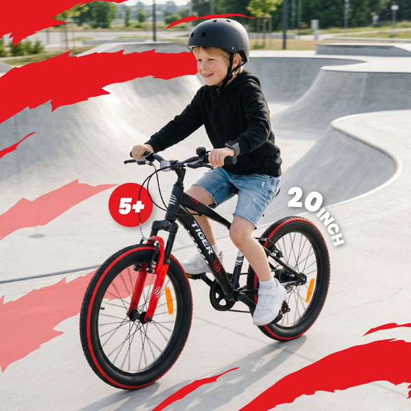 sun baby TIGER BIKE Børnecykel 20 tommer - 6 gear Shimano - Justerbar sadel og styr, V-bremse, Kædeskærm - Rød Sort