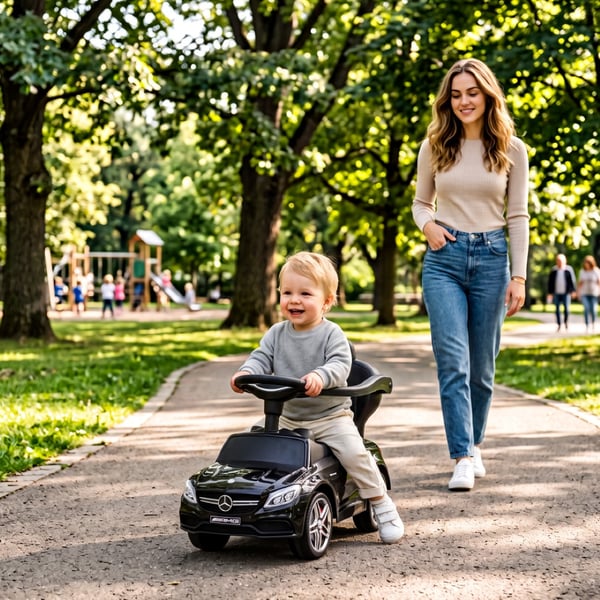 SUN BABY Gåbil för barn Mercedes C-Class från 1 år med skjutstång fotstöd ljudfunktion upp till 25 kg svart