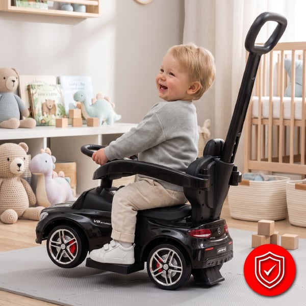 SUN BABY Gåbil för barn Mercedes C-Class från 1 år med skjutstång fotstöd ljudfunktion upp till 25 kg svart