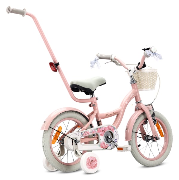 Flower Bike Pigecykel til en pige 12 14 16 tommer, Børnecykel 2-6 år, Børnecykel med støttehjul, skubbestang, justerbar sadel og styr (Pink, 14 tommer)