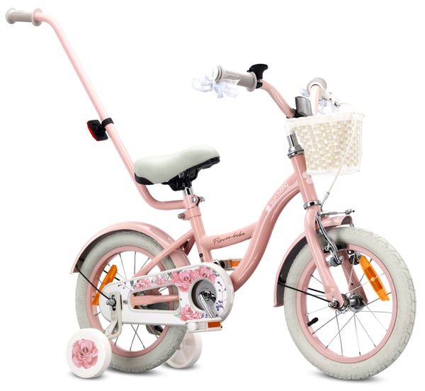 Flower Bike Pigecykel til en pige 12 14 16 tommer, Børnecykel 2-6 år, Børnecykel med støttehjul, skubbestang, justerbar sadel og styr (Pink, 14 tommer)