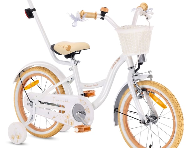 Tytön polkupyörä 16 tuuman Työnnä pyörä sivupyörät Kukka pyörä Puhallin valkoinen beige Sun Baby