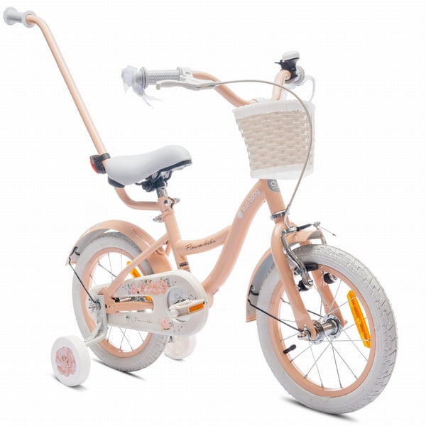 FLOWER BIKE Polkupyörä tytölle 14 tuumaa, työntötanko, sivupyörät, kori, aprikoosi