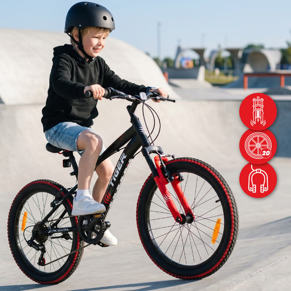 sun baby TIGER BIKE Børnecykel 20 tommer - 6 gear Shimano - Justerbar sadel og styr, V-bremse, Kædeskærm - Rød Sort