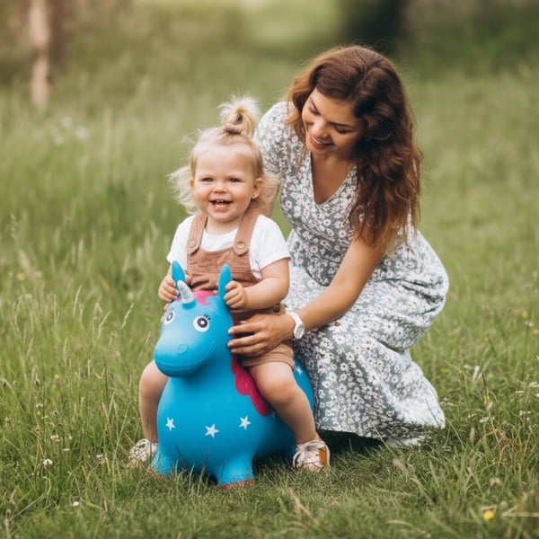 Sun Baby hoppebold til børn Enhjørning blå-lyserød + pumpe og bandana, 12m+, op til 45 kg