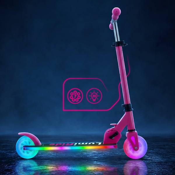 sun baby LUMI RIDE Sparkcykel Barn 2 hjul, trehjuling skoter från 3 år, LED - 7 färger, 20 program - 3 nivåer av styrhöjdsjustering, fotbroms, avtagba