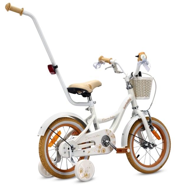 Flower Bike Flickcykel för en flicka 12 14 16 tum, Barncykel 2-6 år, Barncykel med stödhjul, pushbar, justerbar sadel och styre (Vit Beige, 14 Tum)