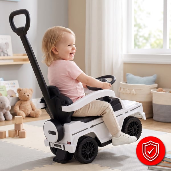 SUN BABY Gåbil til børn Mercedes-Benz Klasa G fra 1 år med skubbestang, opbevaring under sædet, lydfunktion, op til 25 kg hvid