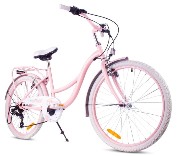 Flower Bike Tyttöpyörä yhdelle tytölle 24 tuumaa, 8-12 vuotta, Vaaleanpunainen, Lastenpyörä 7-vaihteinen, tavarateline, V-jarru, ketjusuoja.