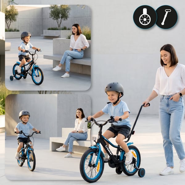 sun baby TRACKER BIKE Børnecykel 16 tommer - Justerbar sadel og styr, Klokke, Støttehjul - Blå Neon