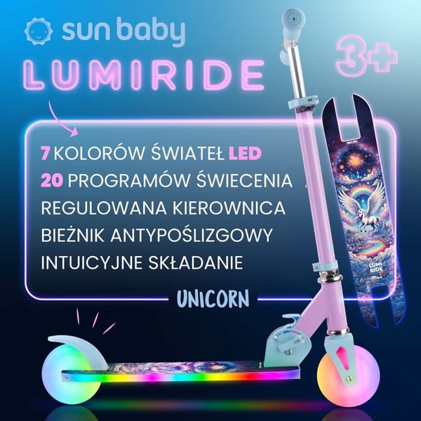 Taitettava kaksipyöräinen potkulauta lapsille, säädettävä, Lumiride LED 7 väriä/20 ohjelmaa, Unicorn, 73-85 cm, musta, Sun Baby