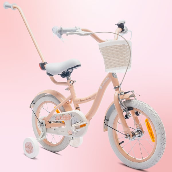FLOWER BIKE Polkupyörä tytölle 14 tuumaa, työntötanko, sivupyörät, kori, aprikoosi