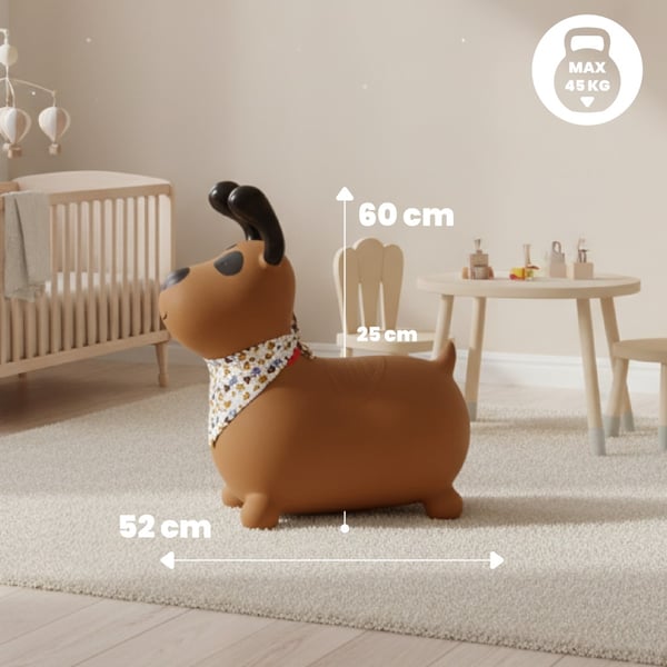 Sun Baby hoppdjur Reksio, brun med bandana + pump, 12m+, max belastning 45 kg