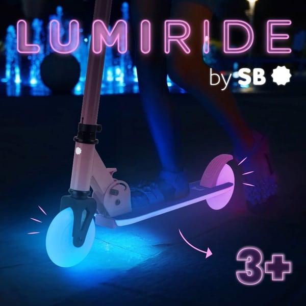 sun baby LUMI RIDE Sparkcykel Barn 2 hjul, trehjuling skoter från 3 år, LED - 7 färger, 20 program - 3 nivåer av styrhöjdsjustering, fotbroms, avtagba